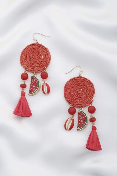 Watermelon Charm Raffia Tassel Dangle Earring