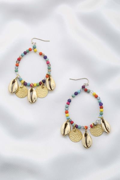 Metal Disc Cowrie Seashell Beaded Dangle Earring