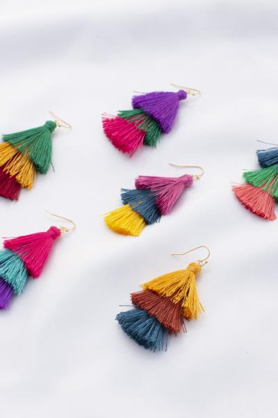 Triple Colored Tassel Layered Hook Earring