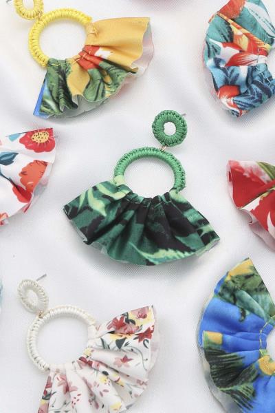 Floral Print Fan Tassel Round Dangle Earring