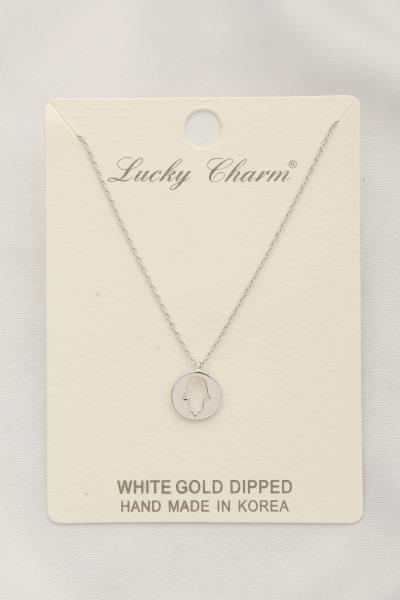 CUT OUT HAMSA HAND DISC WHITE GOLD DIPPED NECKLACE