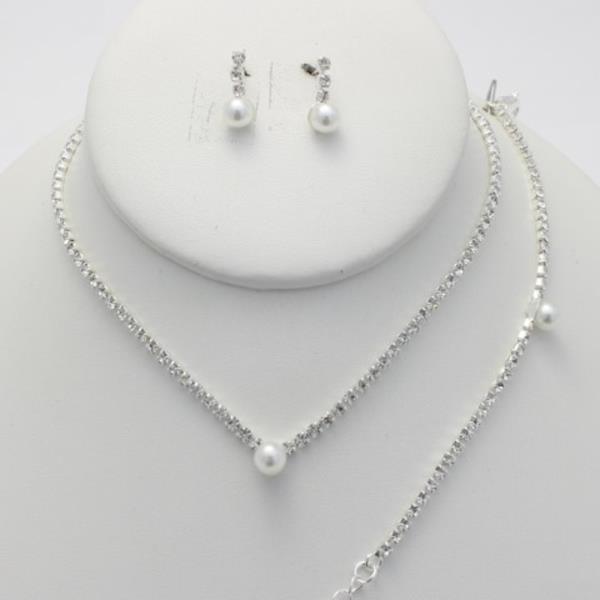 Rhinestone Pearl Necklace Earring Bracelet Set