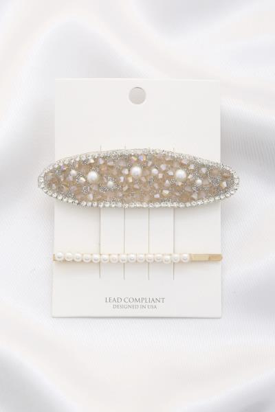 CRYSTAL BEAD LONG OVAL HAIR CLIP SET