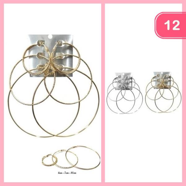 FASHION METAL HOOP EARRING 3 PAIR SET (12 UNITS)