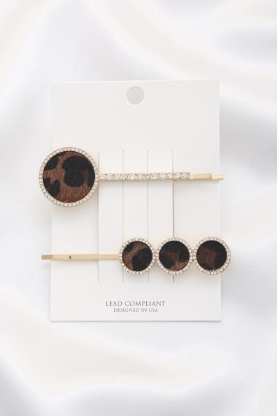ANIMAL PRINT ROUND RHINESTONE HAIR PIN SET