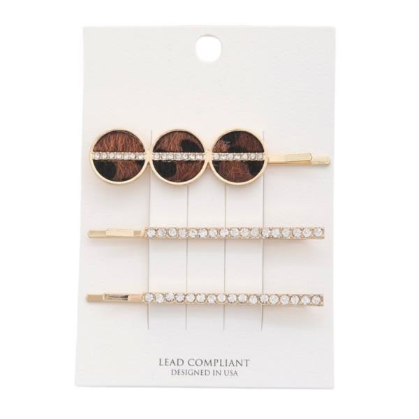 FAUX FUR ANIMAL PRINT RHINESTONE HAIR PIN SET