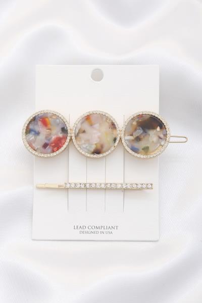 ROUND ACETATE RHINESTONE EDGE HAIR PIN SET