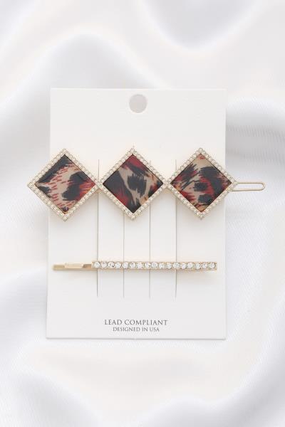 LEOPARD PATTERN RHOMBUS SHAPE RHINESTONE HAIR PIN SET