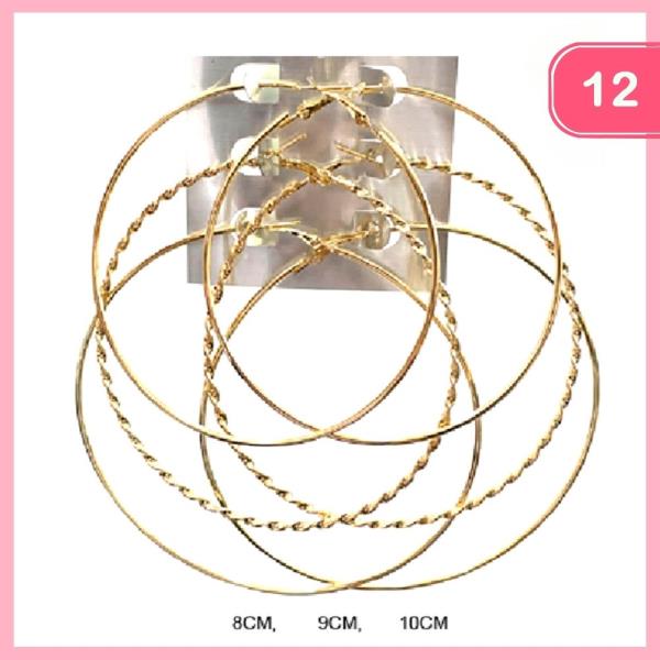 FASHION METAL HOOP EARRING 3 PAIR SET (12 UNITS)