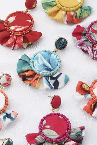 Floral Print Fan Tassel Dangle Earring
