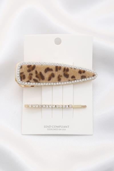ANIMAL PRINT RHINESTONE HAIR CLIP SET