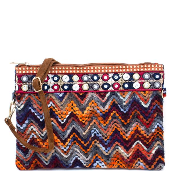 Multi Colored Pattern Clutch Bag W Long Strap