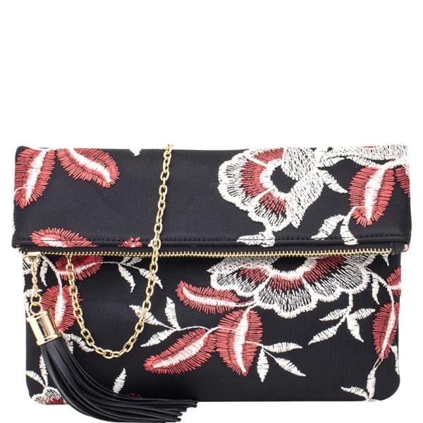 Floral Embroidered Zipper Crossbody Bag