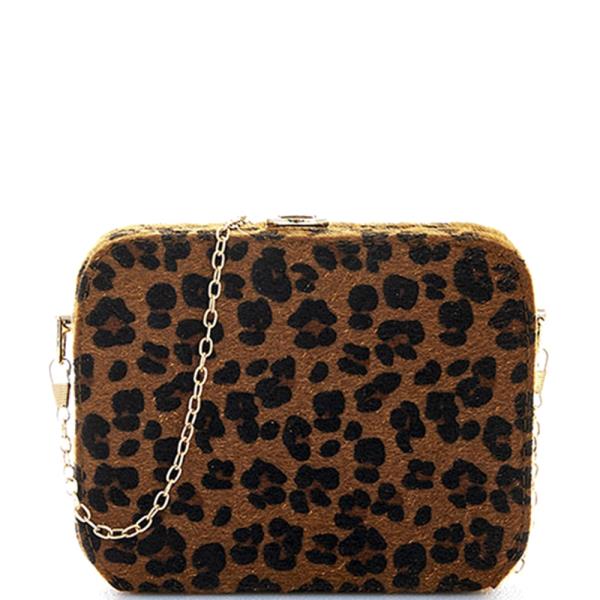 Leopard Fur Structured Crossbody Clutch Chain