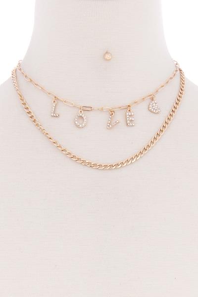 2 LAYERED LOVE MESSAGE DANGLE STONE METAL NECKLACE EARRING SET