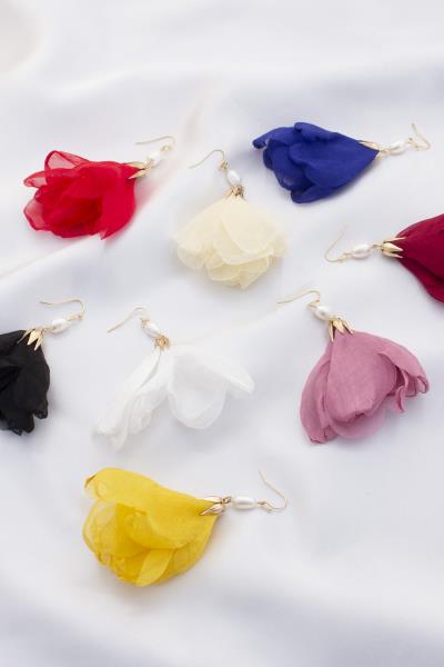 Sheer Fabric Flower Shape Pearl Drop Earring