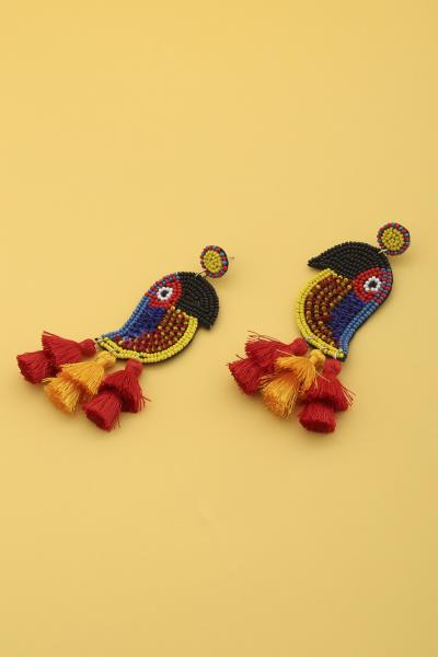 BIRD SEED BEAD TASSEL DANGLE EARRING