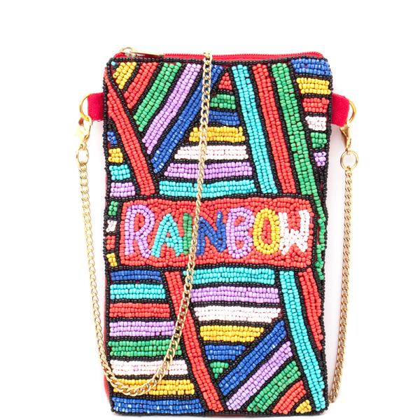 RAINBOW MULTI COLORED FULLY SEED BEAD CROSSBODY CELLULAR ACCESSORY