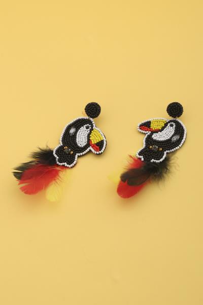 Toucan Bird Seed Bead Feather Dangle Earring
