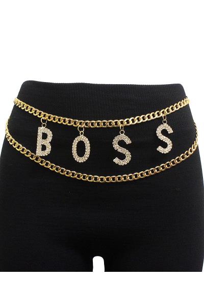 Rhinestone Boss Letter Charm Chain Belt