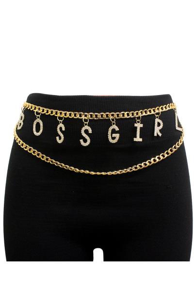 RHINESTONE BOSS GIRL INITIAL MESSAGE DANGLE WAIST METAL BELLY BODY CHAIN BELT