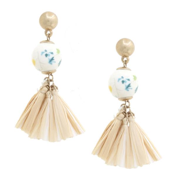 Glass Bead Raffia Tassel Dangle Earring