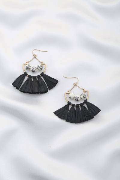 Glass Bead Raffia Tassel Dangle Earring