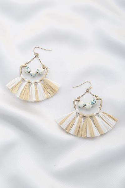 Glass Bead Raffia Tassel Dangle Earring