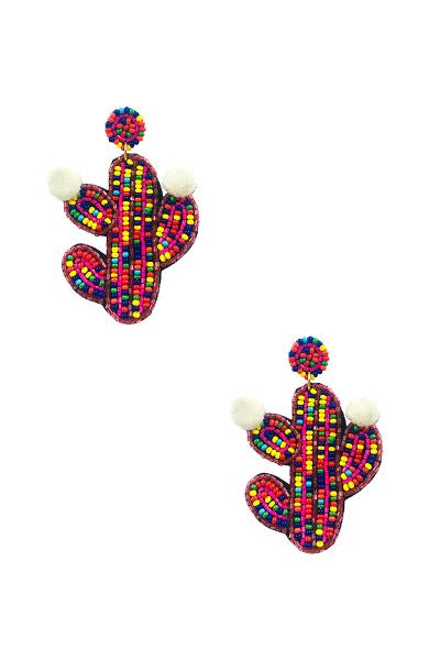 Seed Bead Cactus Pom Pom Post Drop Earring