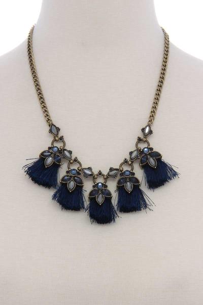 Rhinestone Tassel Statement Short Necklace