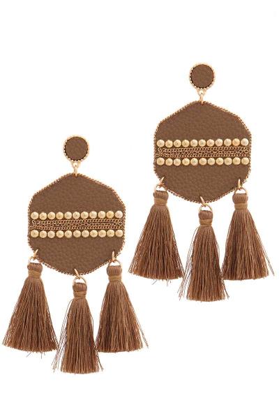 Metal Stud Leather Tassel Drop Earring
