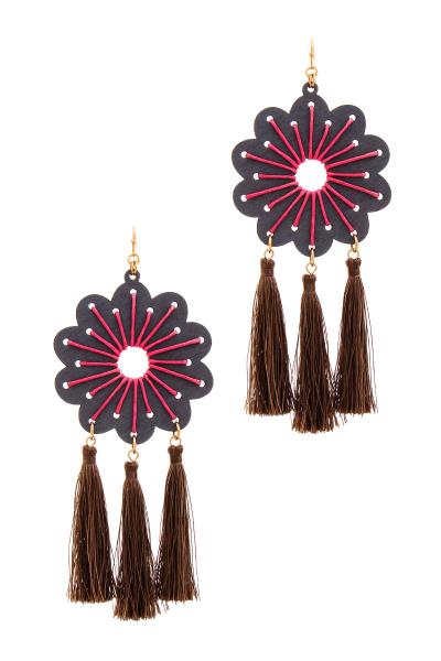 Chic Wooden Flower and Tassel Drop Earring