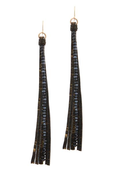 Beaded Strand Genuine Leather Drop Earring