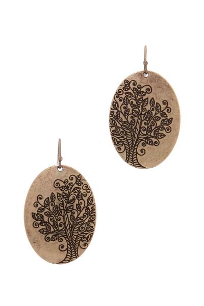 Oak Tree Engraved Oval Metal Earring