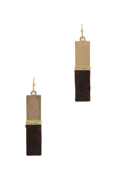 Half Leather Vertical Metal Bar Drop Earring