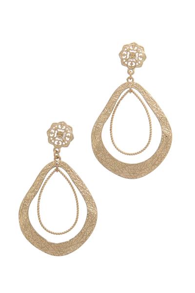 Textured Double Teardrop Shape Post Drop Earring