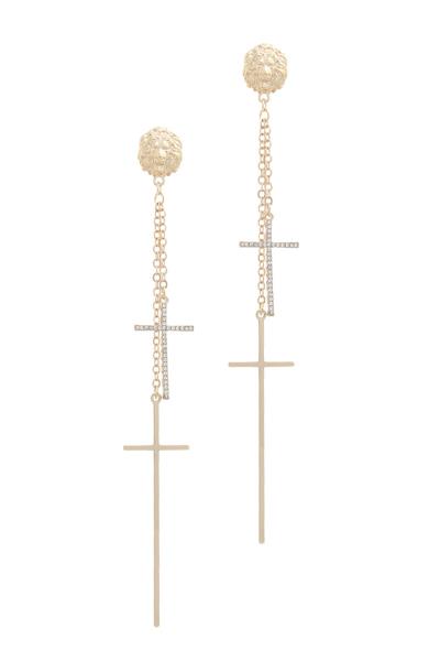 Lion Head Double Cross Long Chain Dangle Earring