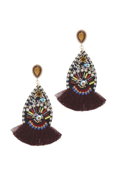 Rhinestone Beaded Fan Tassel Post Drop Earring