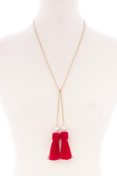 Pearl Double Tassel Metal Chain Tie Long Necklace
