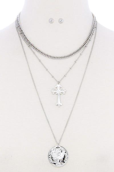 CROSS COIN MULTI LAYERED SHORT NECKLACE