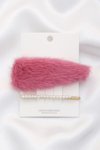 FAUX FUR PEARL BEAD HAIR CLIP SET