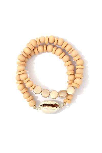 Cowrie Shell Wood Bead Stretch Bracelet