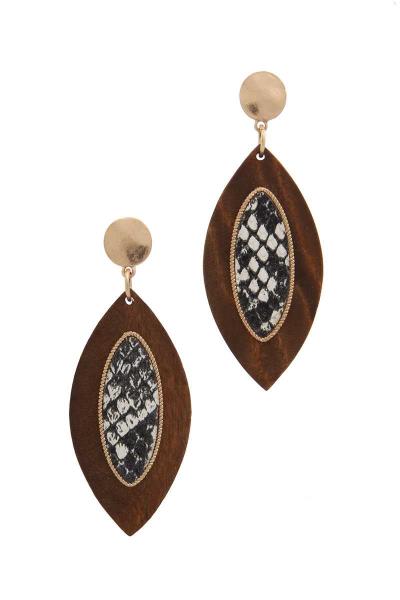 Wooden Oval Snake Pattern Post Drop Earring