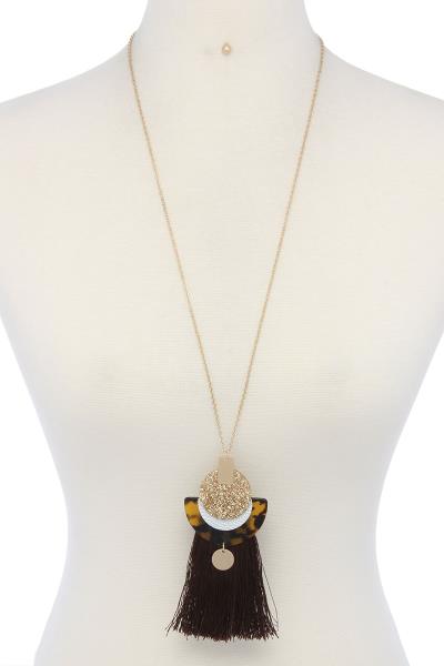 Tortoise Round Tassel Pendant Necklace Earring Set