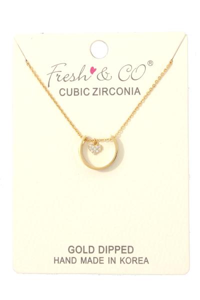 DAINTY RHINESTONE HEART OPEN CIRCLE CHARM NECKLACE