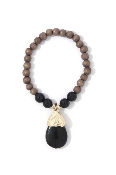 NATURAL STONE CHARM WOOD BEADED STRETCH BRACELET