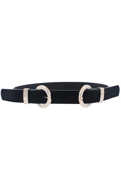 RHINESTONE PAVE DOUBLE BUCKLE SNAKE VELVET BELT