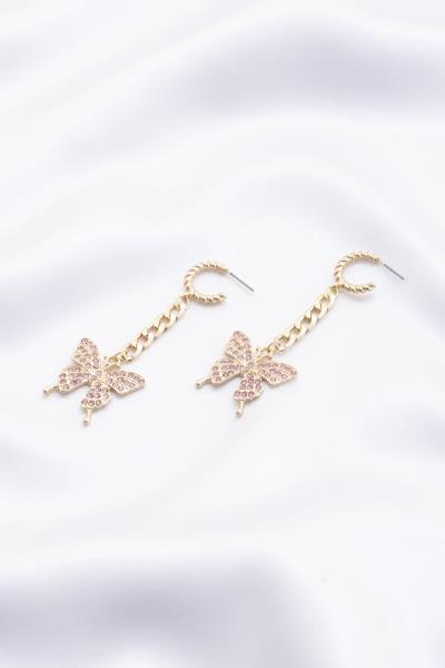 STONE BUTTERFLY DROP METAL CHAIN MINI OPEN HOOP EARRING