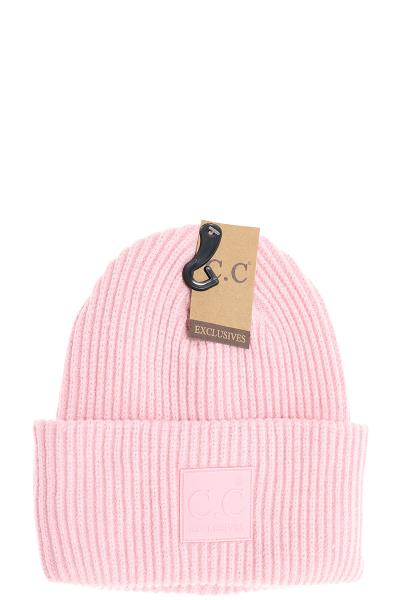 CC SOLID RIBBED KNIT BEANIE WITH RUBBER PATCH