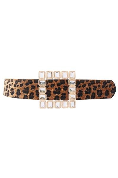 SQUARE RHINESTONE BUCKLE AND LEOPARD FUR BELT